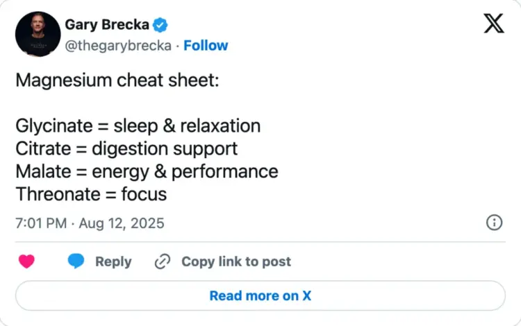 Gary Brecka's X post on magnesium supplement cheat sheet