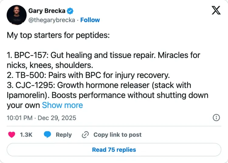 Gary Brecka's X post about different peptides