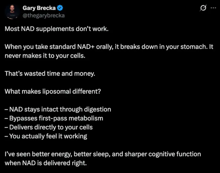 A screenshot from X where Gary Brecka is talking about NAD supplements