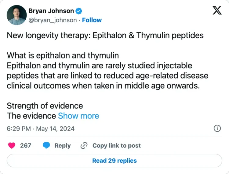 Bryan Johnson's X post about Epithalon & Thymulin
