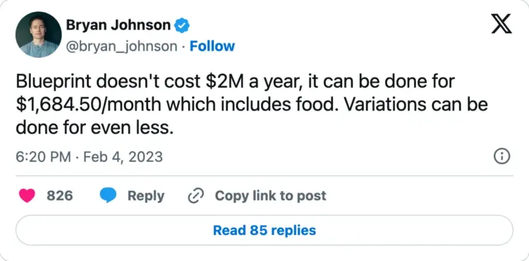 Bryan Johnson's tweet related to Blueprint cost