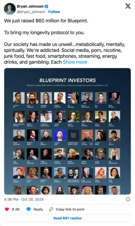 Bryan Johnson's post on X about Blueprint's fundraising