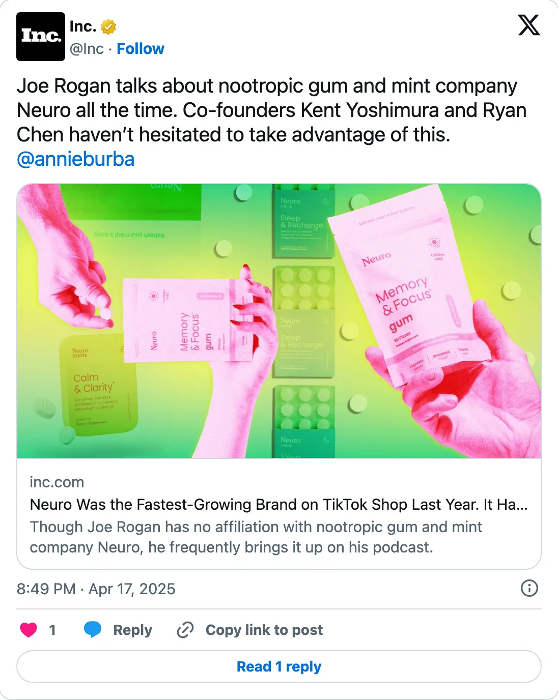 A tweet related to Joe Rogan and Neuro Gum