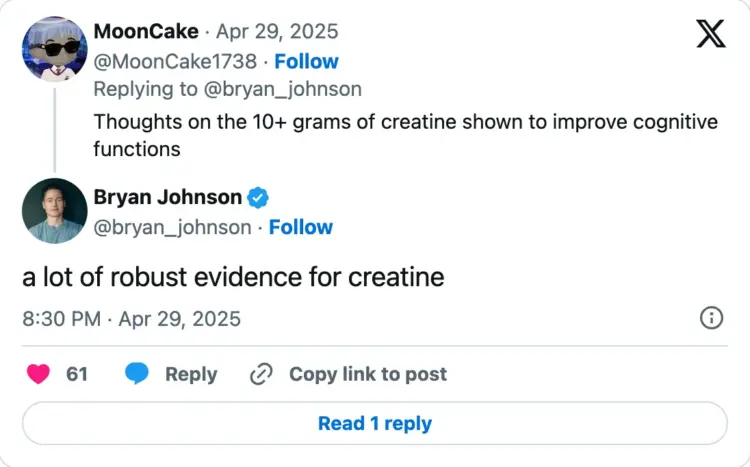 Bryan Johnson's tweet related to Creatine